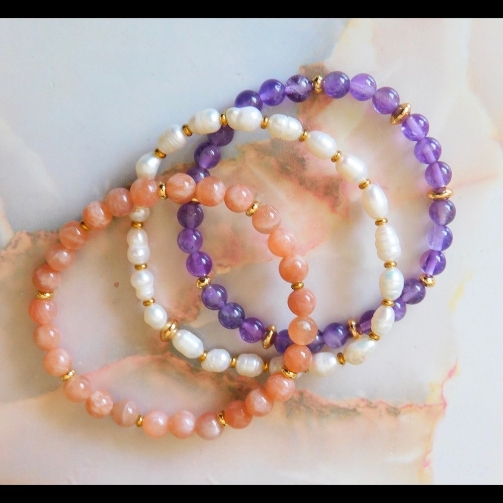 Crystal Bead Bracelet Stack Amethyst Sunstone Pearl Handmade Gift Gold Jewelry